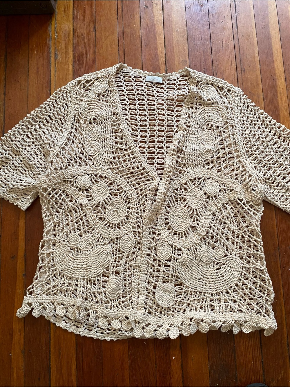 Chicos Crochet Openwork Short-Sleeve Cardigan Sweater in Cream